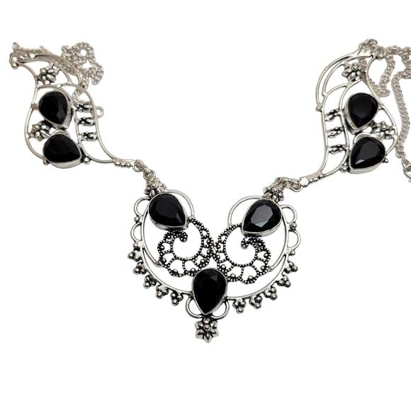 Simulated Black Onyx Sterling Silver Necklace - Intricate 22-Inch Statement - Picture 1 of 9